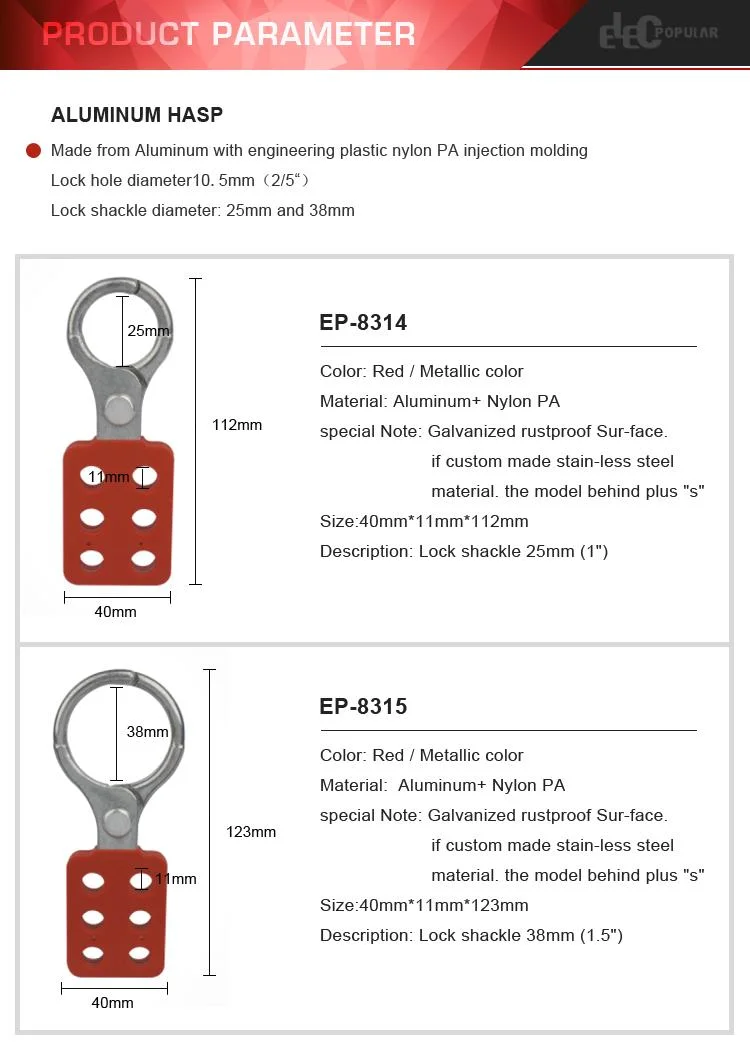 Customized Design 25mm Lock Shackle Safety Aluminum Lockout Hasp with Hook