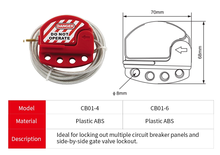 Red Plastic Adjustable Steel Cable Lockout with 4 Lockout Hole